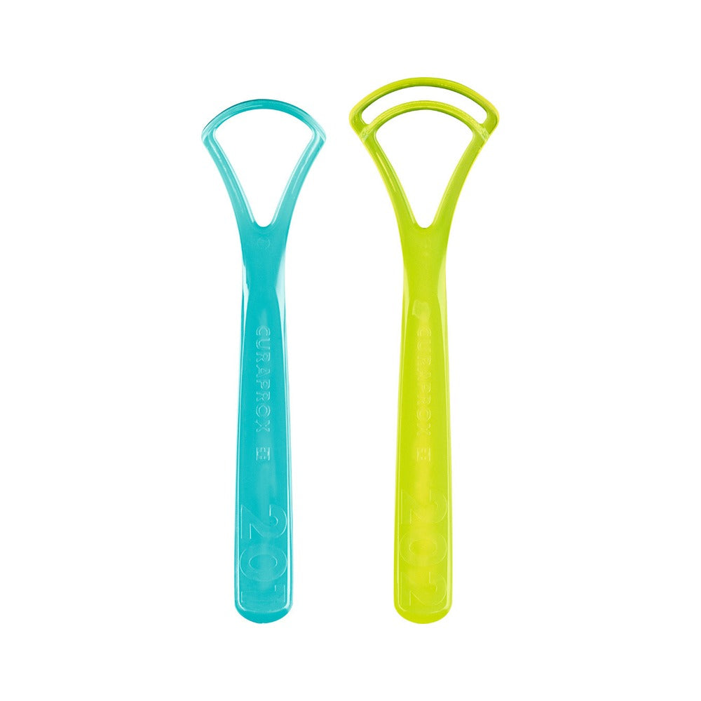 Two Curaprox CTC tongue scrapers, single-bladed and double-bladed