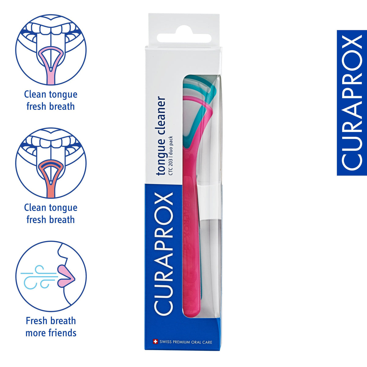 Curaprox tongue scraper set, icons for tongue cleaning and fresh breath