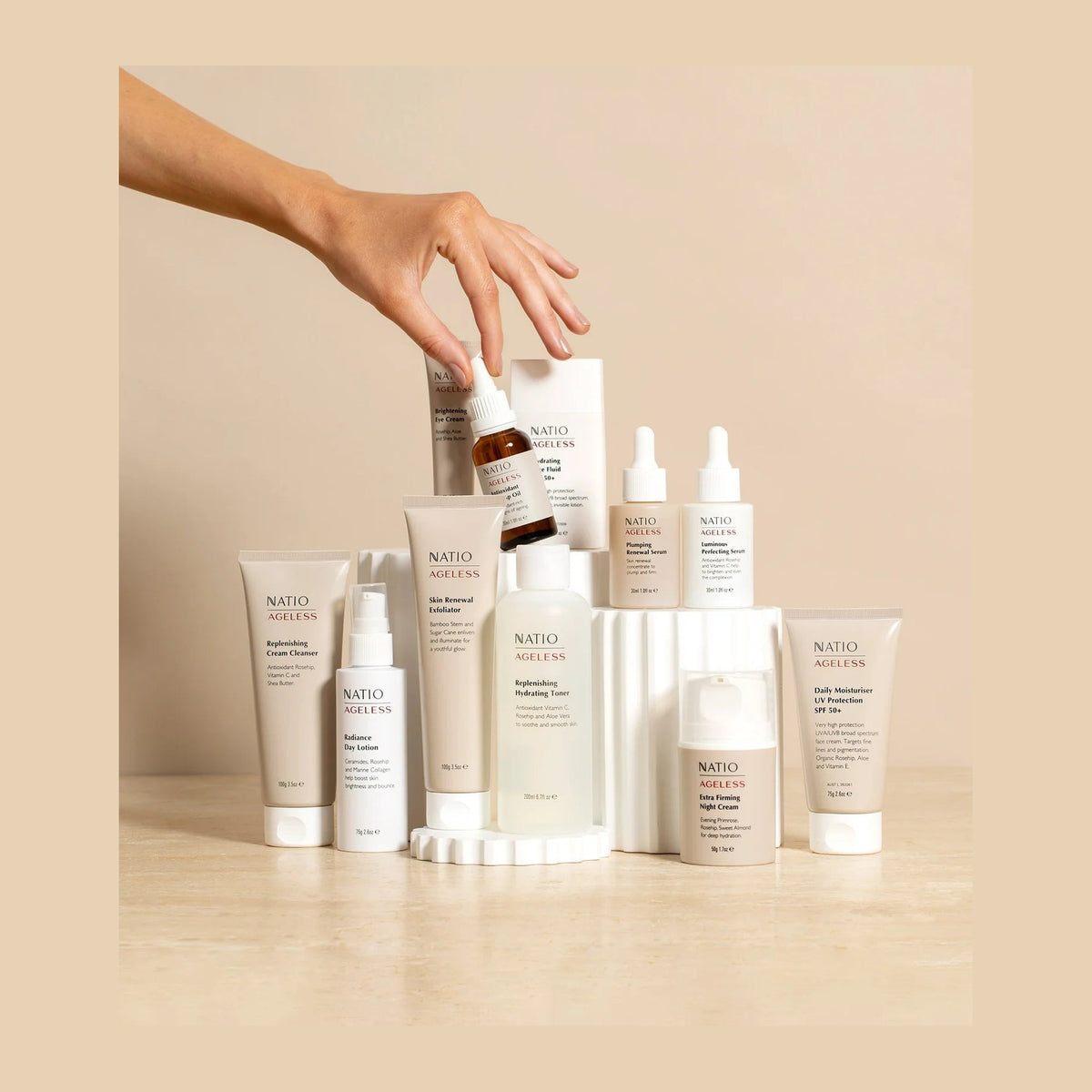 Natio Ageless Hyd F/Fluid SPF50 60ml styled in a set photograph