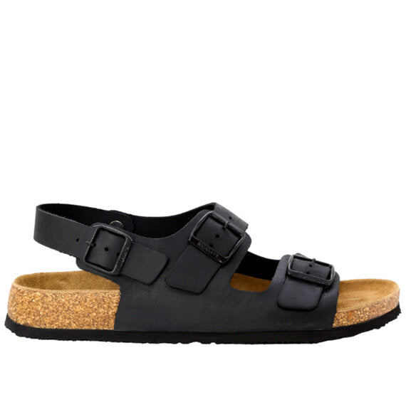 Black sandal with cork sole on a white background