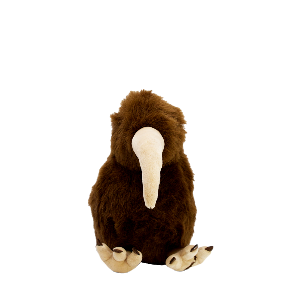 Plush toy resembling a Kiwi bird on a white background