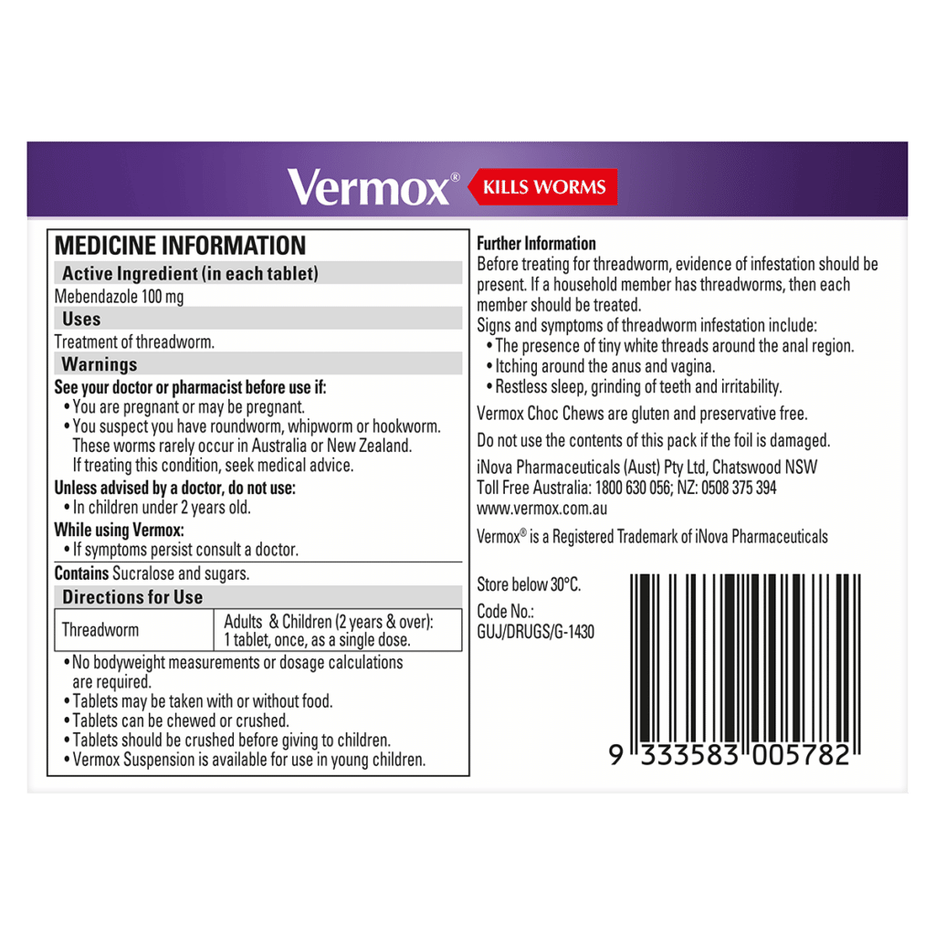 VERMOX Chocolate Chews Tabs 4s-Matakana Pharmacy-Matakana Pharmacy