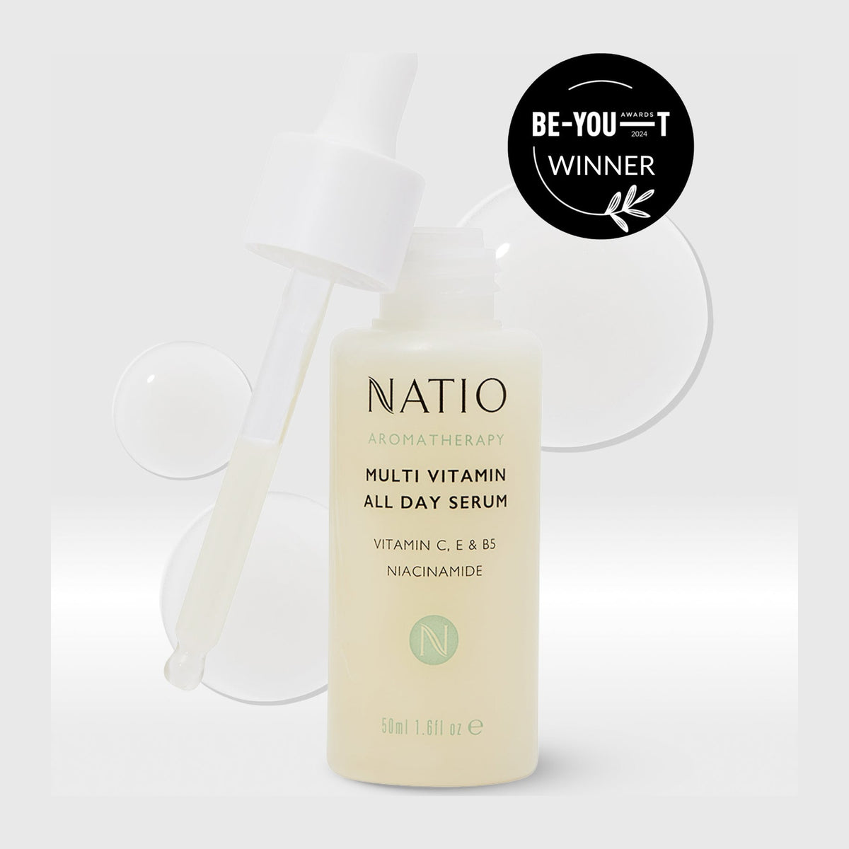 Natio Multi Vitamin All Day Serum 50ml styled in a set photograph