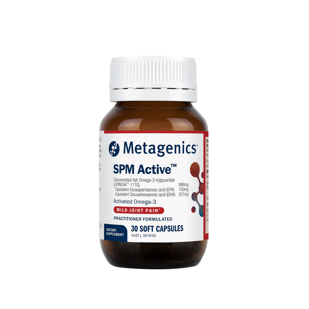 Metagenics SPM Active, amber bottle of 30 soft capsules with the blue and red Metagenics label, front of pack