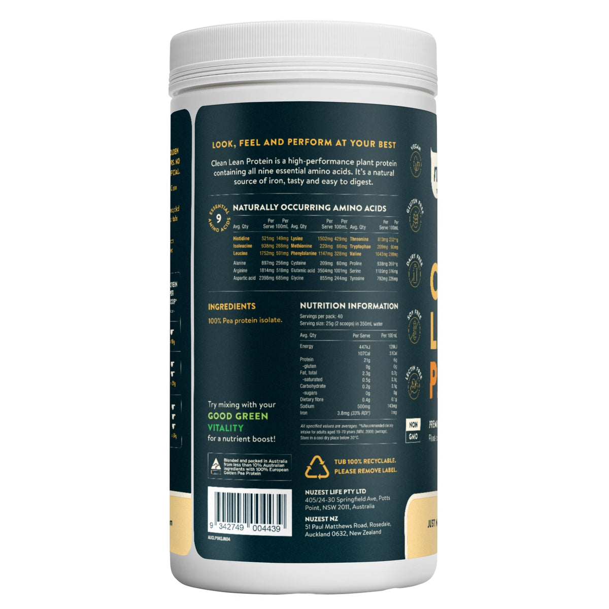 Clean Lean Protein Just Natural Pea 1kg-Nuzest-Matakana Pharmacy