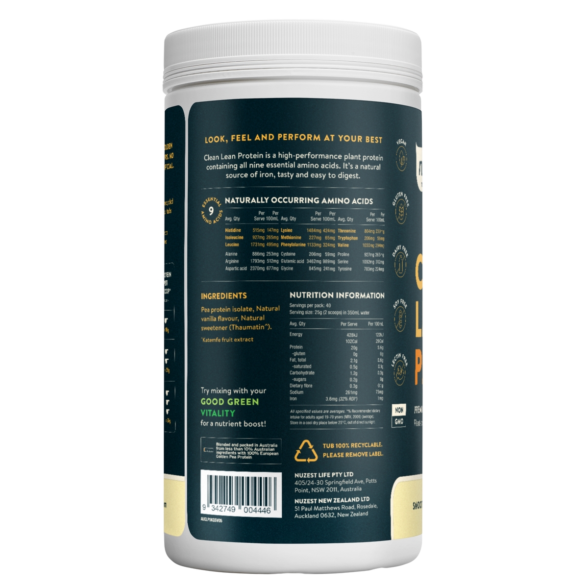 Clean Lean Protein Smooth Vanilla 1kg-Nuzest-Matakana Pharmacy