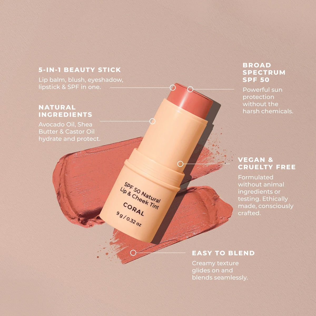 SPF 50 Natural Lip & Cheek Tint Coral 9g-Avocado Zinc-Matakana Pharmacy