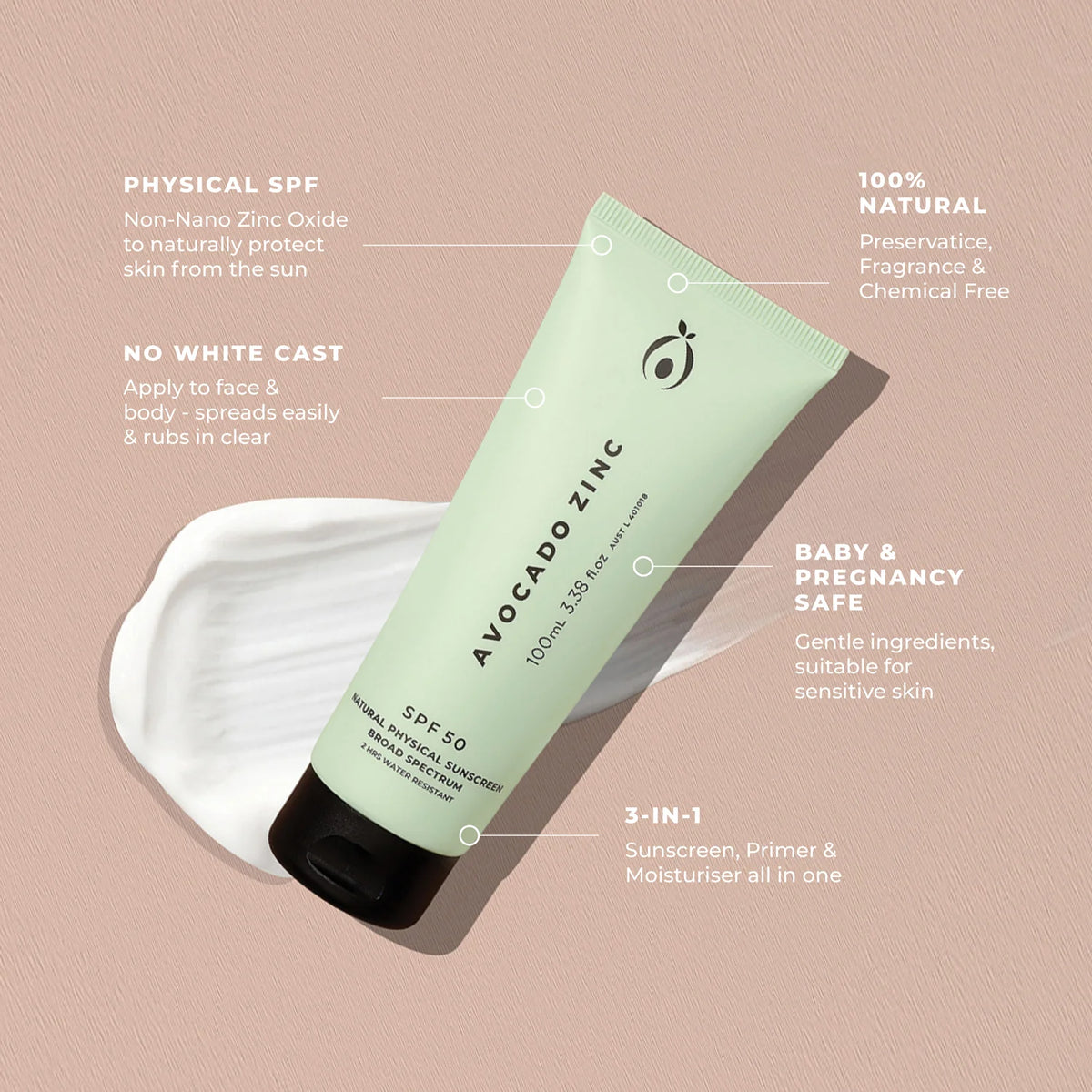 SPF 50 Natural Physical Sunscreen 100ml-Avocado Zinc-Matakana Pharmacy
