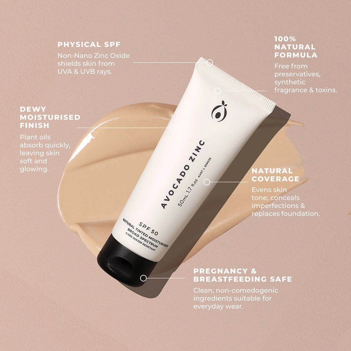 SPF 50 Natural Tinted Moisturiser Light Medium 50ml-Avocado Zinc-Matakana Pharmacy