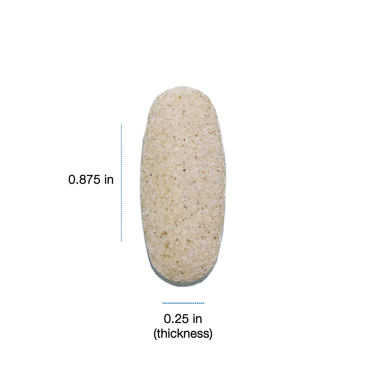 Image of caplet. It is 0.875 inches in length and 0.25 inches in width. Color is yellow-brown.