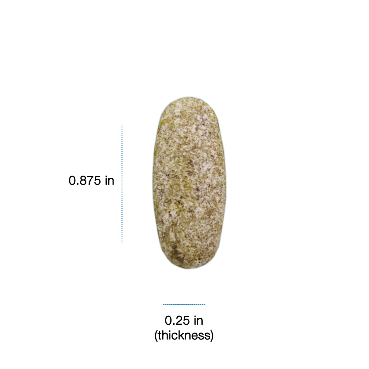 Image of caplet size. 0.875 inches in length and 0.25 inches in width. Color is yellow-brown. 