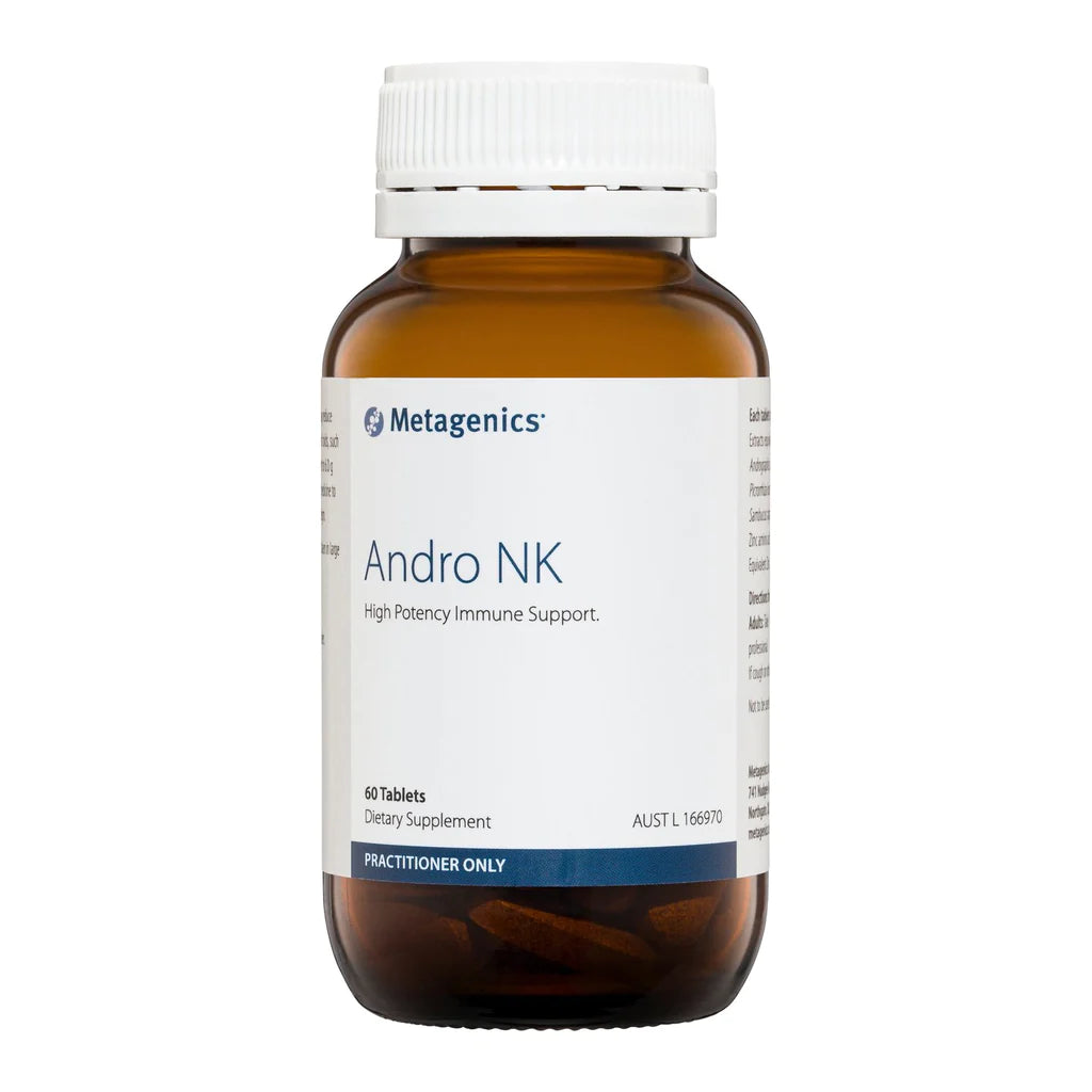 Image of brown glass bottle of Andro NK 60 tablets by Metagenics. Bottle has white label with white lid.