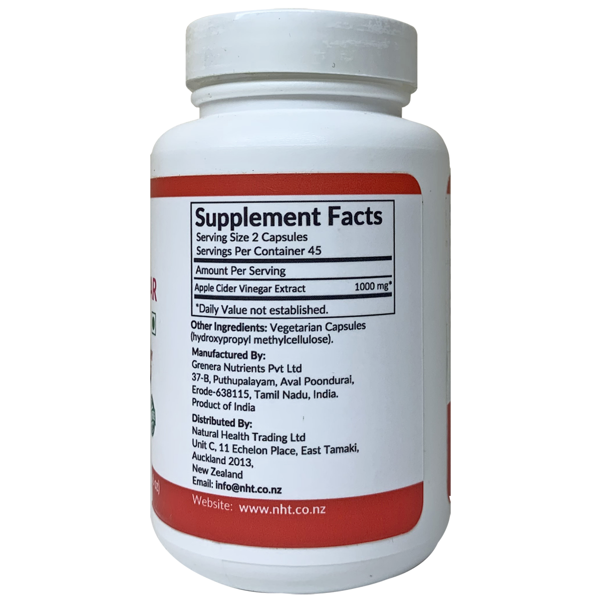 Image of supplement facts on the side of the bottle of Apple Cider Vinegar 90vcaps