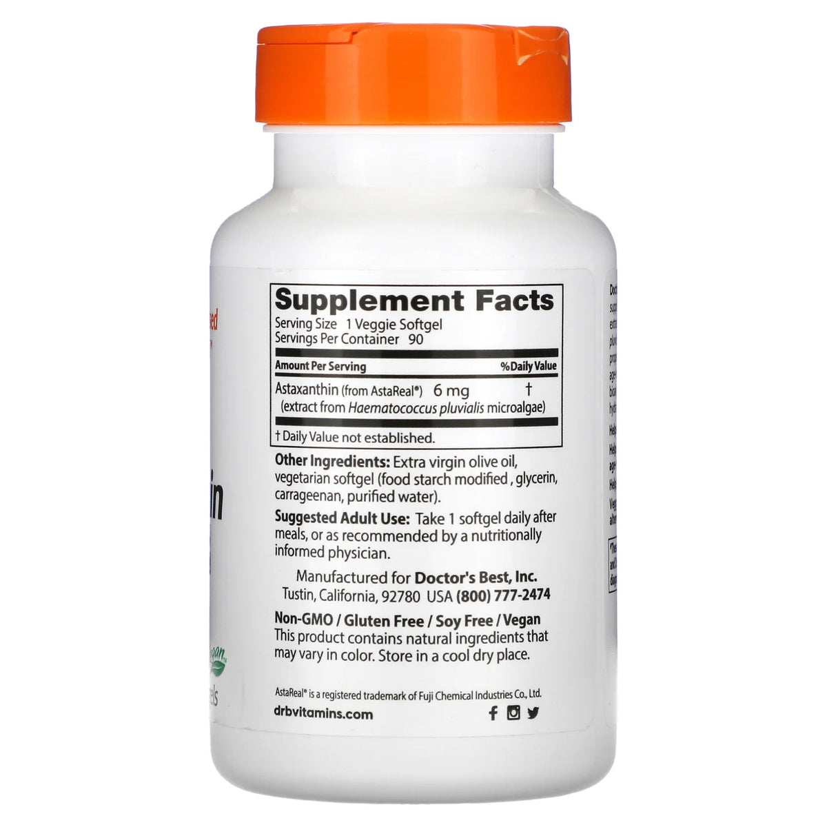 Image of the back of the bottle of Astaxanthin 6mg 90sgcaps showing ingredients and dosage information.