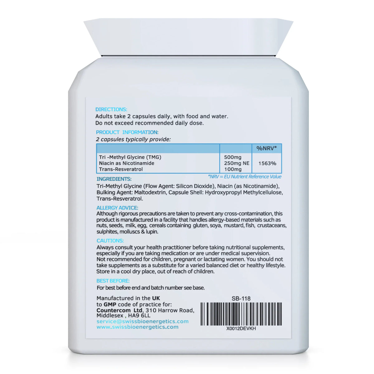 B3 Nicotinamide & TMG & Trans-Resveratrol 60 Capsules-Swiss Bioenergetics-Matakana Pharmacy