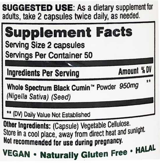 Image of the suggested use and supplement facts on the side of the bottle of Black Seed Original Plain 100caps