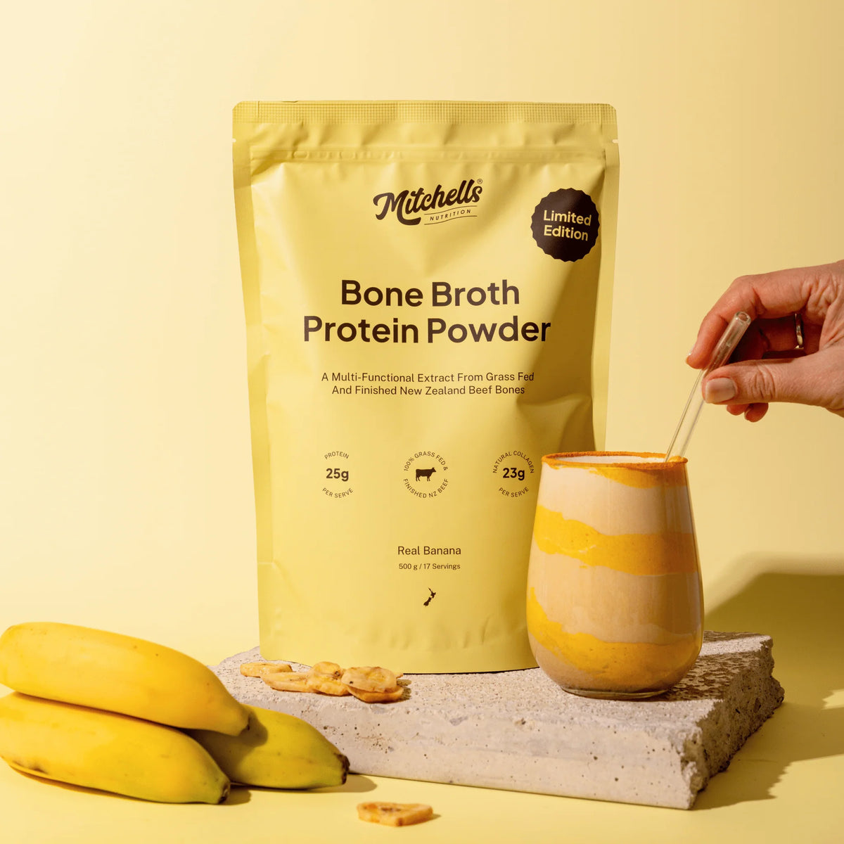 Bone Broth Protein Powder Real Banana 500g-Mitchells Nutrition-Matakana Pharmacy