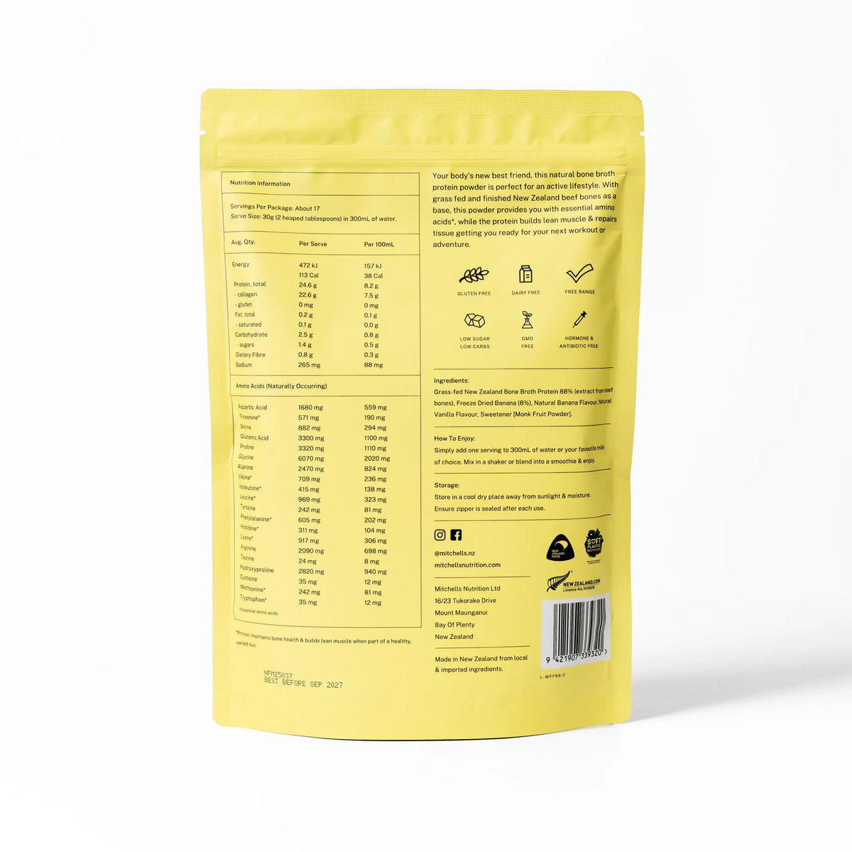 Bone Broth Protein Powder Real Banana 500g-Mitchells Nutrition-Matakana Pharmacy