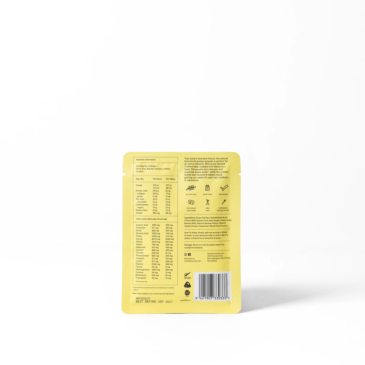 Sample Bone Broth Protein Banana 30g-Mitchells Nutrition-Matakana Pharmacy