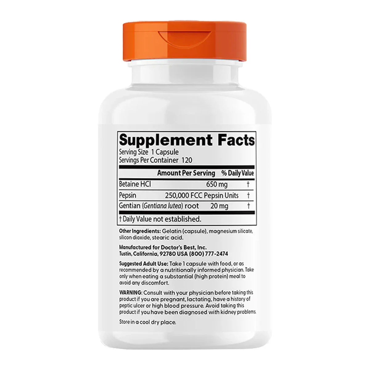 Betaine HCI Pepsin & Gentian Bitters 120 Capsules-Doctor's Best-Matakana Pharmacy
