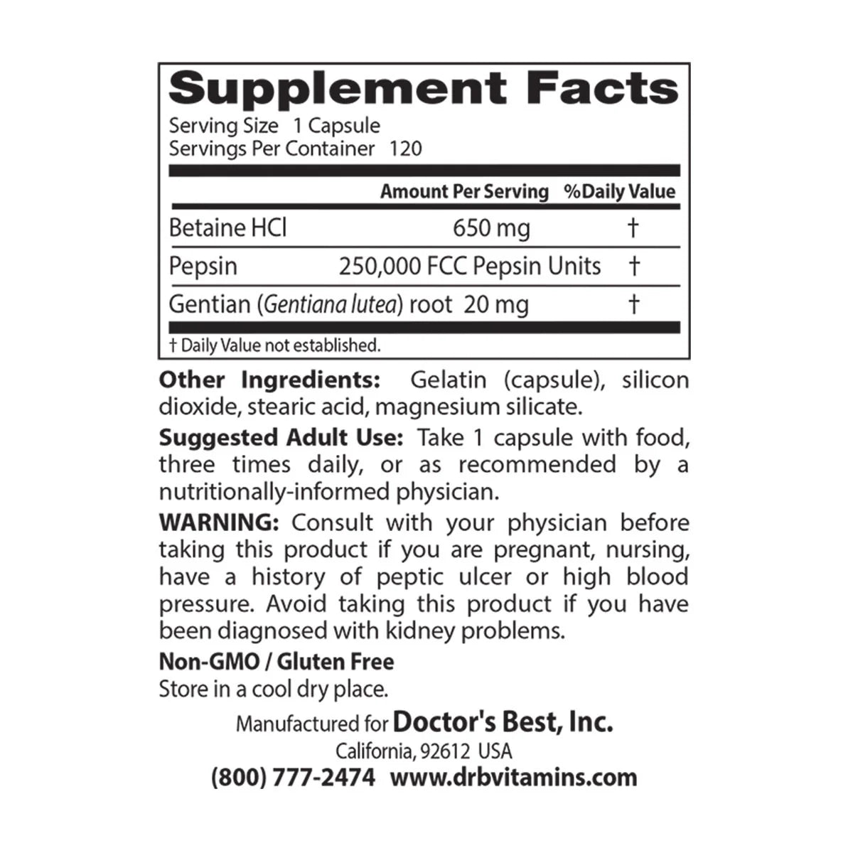 Betaine HCI Pepsin & Gentian Bitters 120 Capsules-Doctor's Best-Matakana Pharmacy
