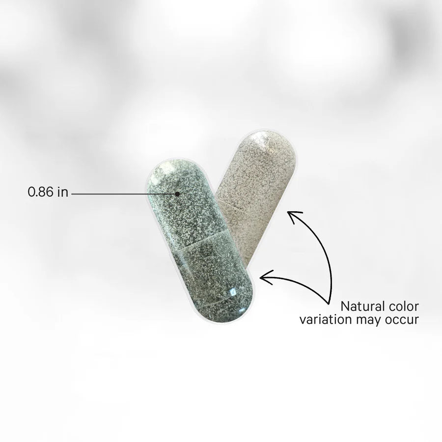 Codeage Full Spectrum Binder+ capsules shown at actual size, 0.86 inches, with a note that natural colour varies