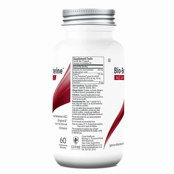 Biomax Bio-Berberine Advanced 60 Capsules, side of the bottle showing the ingredient panel