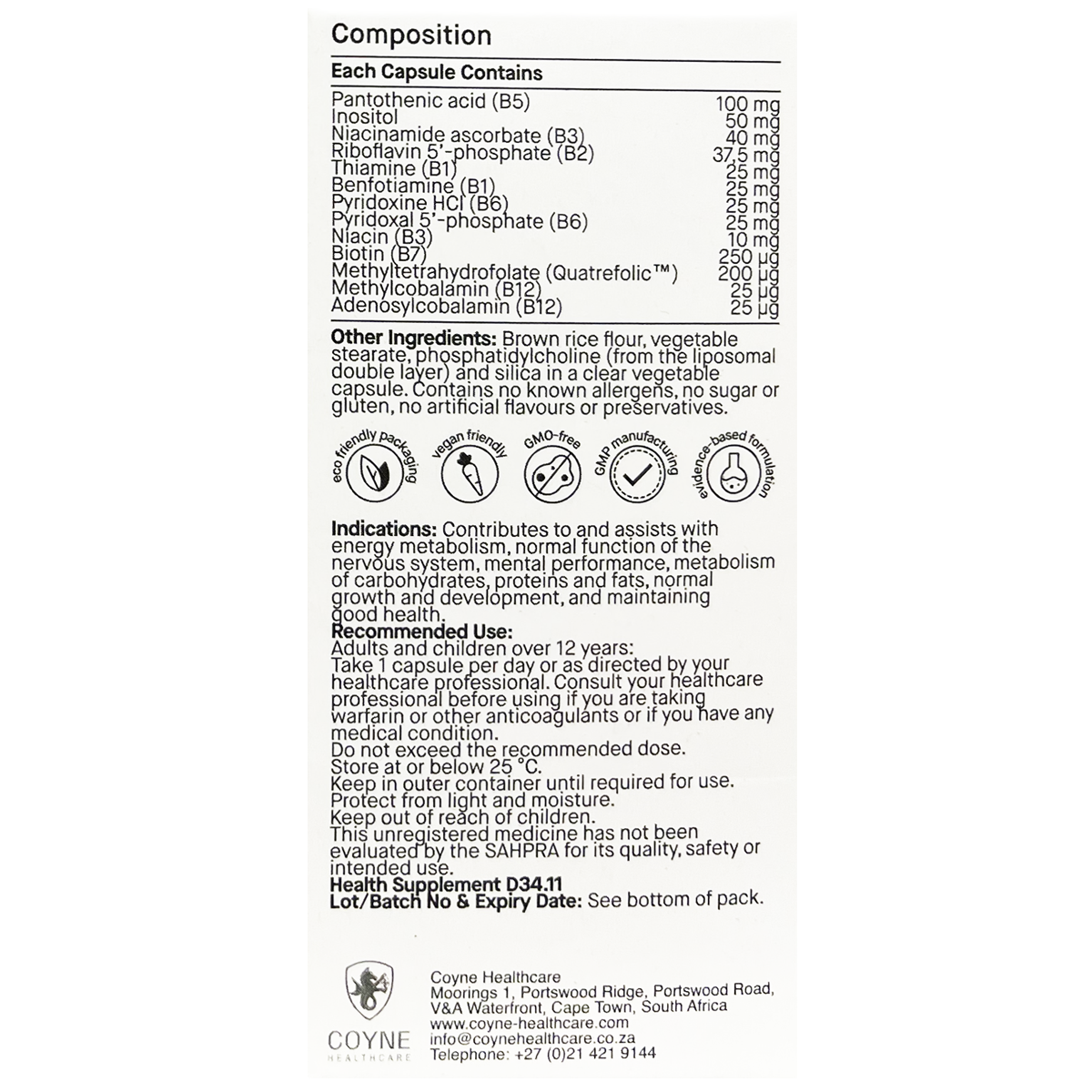 Biomax Liposomal Activated B Complex 30 Capsules, back of the carton showing the ingredient panel and directions