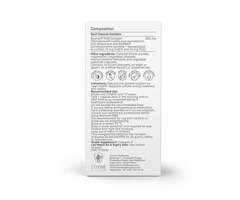 Biomax PQQ + CoQ10 Complex 300mg 30 Capsules, back of the carton showing the ingredient panel and directions