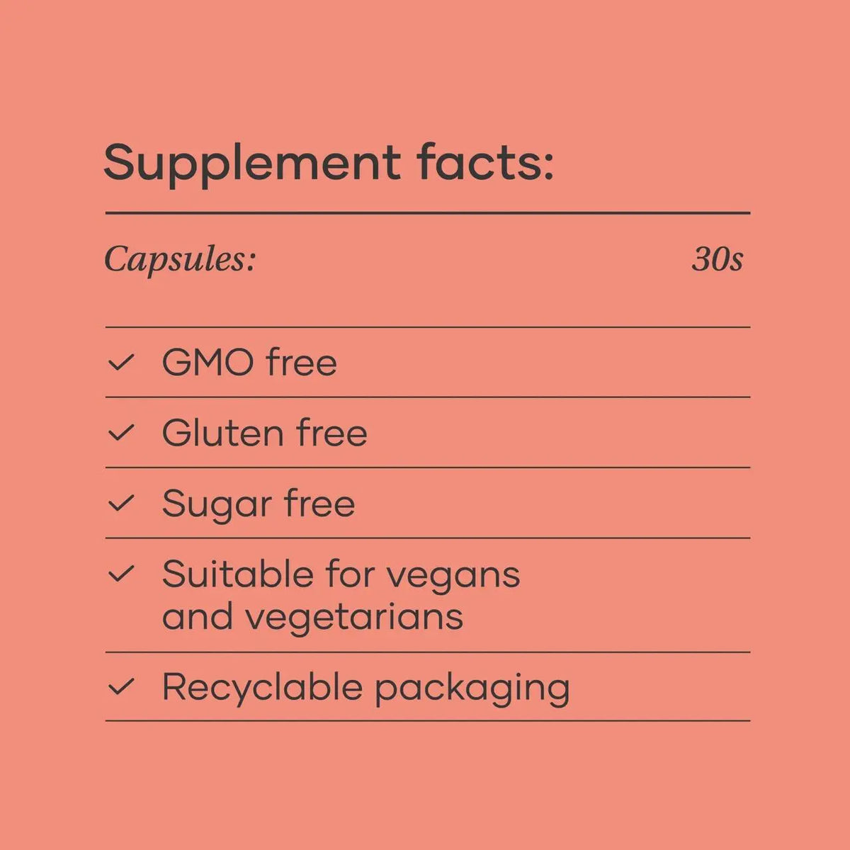 Biomax PQQ + CoQ10 Complex 300mg 30 Capsules, pack specification panel listing GMO free, gluten free, sugar free, suitable for vegans and vegetarians, recyclable packaging