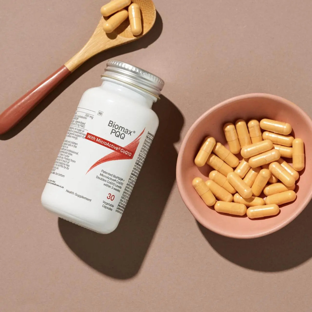 Biomax PQQ + CoQ10 Complex 300mg 30 Capsules, bottle photographed with the capsules