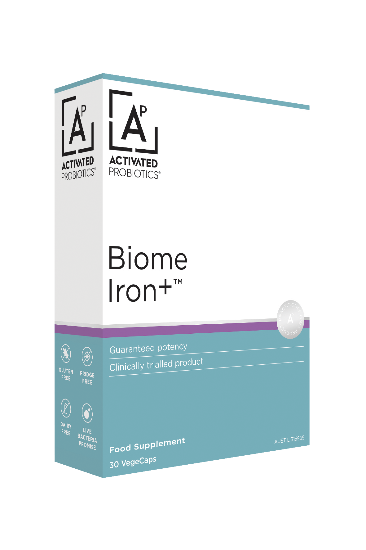 Image of the front of the box of Biome Iron+ Probiotic 30caps