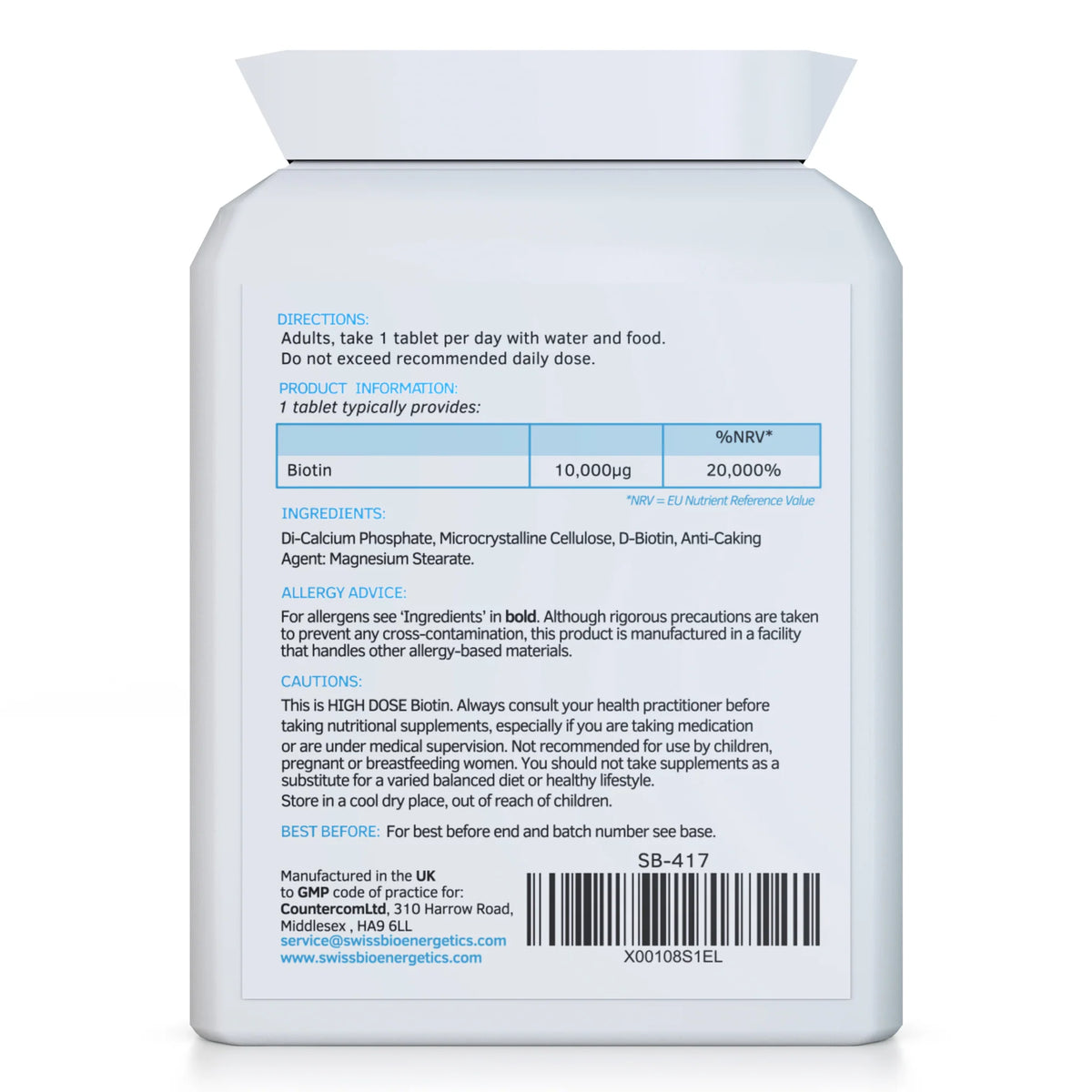 Biotin 10,000 mcg 120 Tablets-Swiss Bioenergetics-Matakana Pharmacy