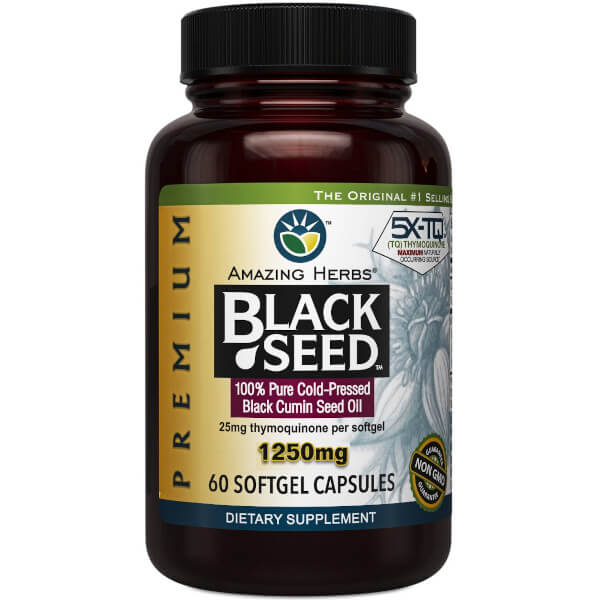 image of bottle of Black Seed Oil Premium 1250mg 60sgcaps