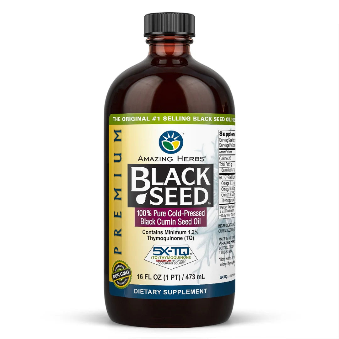 Image of glass bottle of Black Seed Oil Premium Liquid 473ml