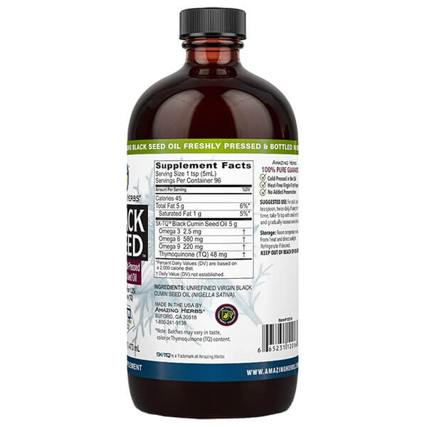Image of the supplement facts on the side of the glass bottle of Black Seed Oil Premium Liquid 473ml