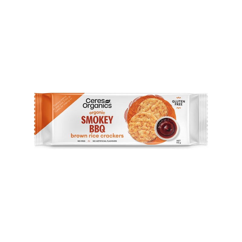 Ceres Organics Organic Brown Rice Crackers, Smokey BBQ 115g, front of pack