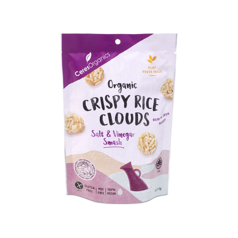 Ceres Organics Organic Crispy Rice Clouds, Salt & Vinegar Smash 50g, front of pack