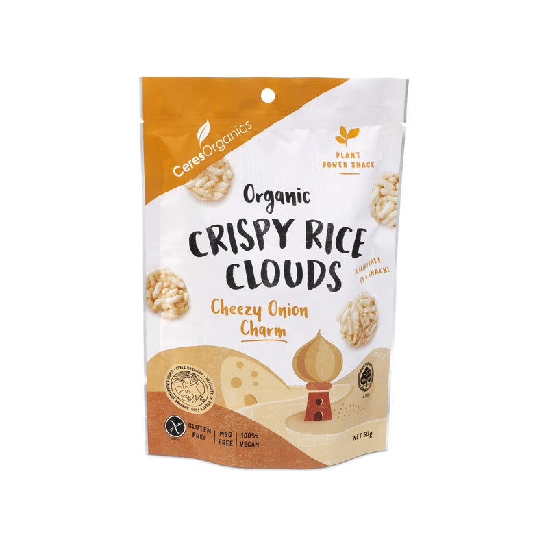 Ceres Organics Organic Crispy Rice Clouds, Cheezy Onion Charm 50g, front of pack
