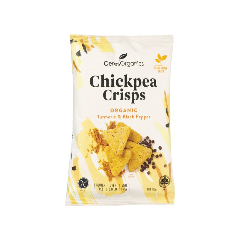 Ceres Organics Organic Chickpea Crisps, Turmeric & Black Pepper 100g, front of pack