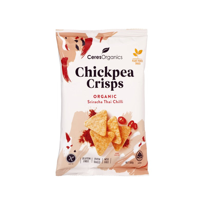 Ceres Organics Organic Chickpea Crisps, Sriracha Thai Chilli 100g, front of pack