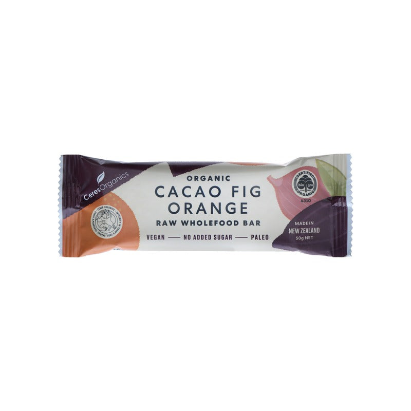 Ceres Organics Cacao Fig Orange Raw Wholefood Bar 50g, front of pack