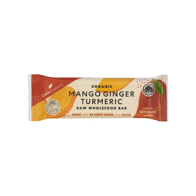 Ceres Organics Mango Ginger Turmeric Raw Wholefood Bar 50g, front of pack