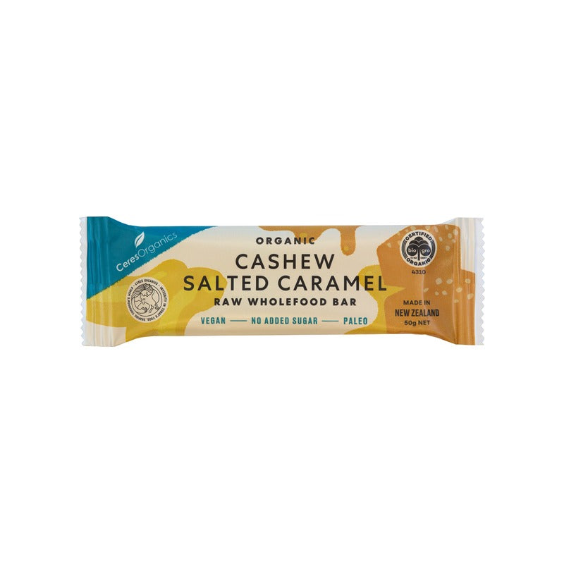 Ceres Organics Cashew Salted Caramel Raw Wholefood Bar 50g, front of pack