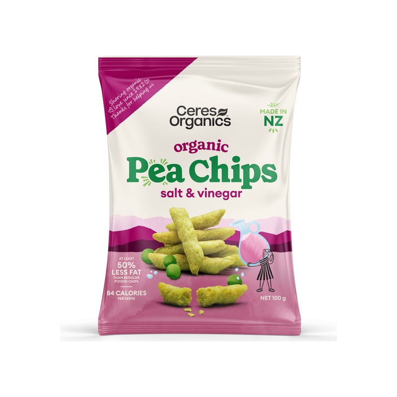 Ceres Organics Organic Pea Chips, Salt & Vinegar 100g, front of pack