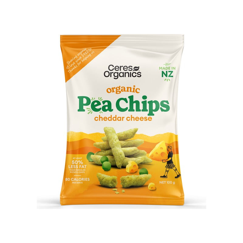 Ceres Organics Organic Pea Chips, Cheddar Cheese 100g, front of pack