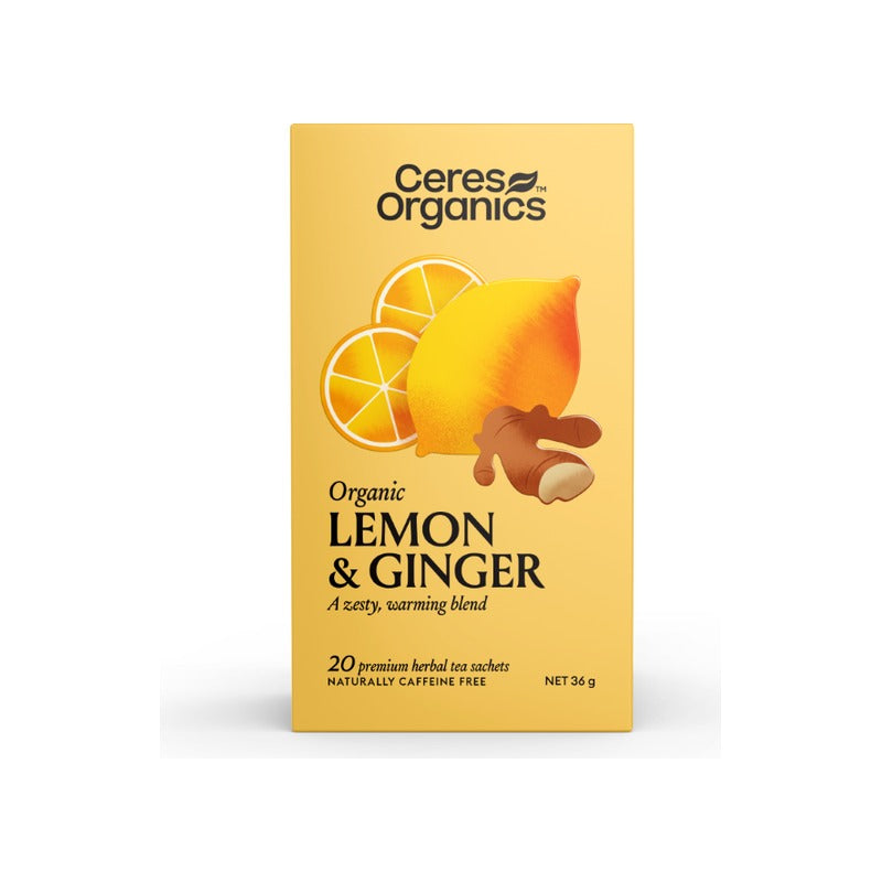 Ceres Organics Organic Lemon & Ginger Herbal Tea 20 Bags, front of pack