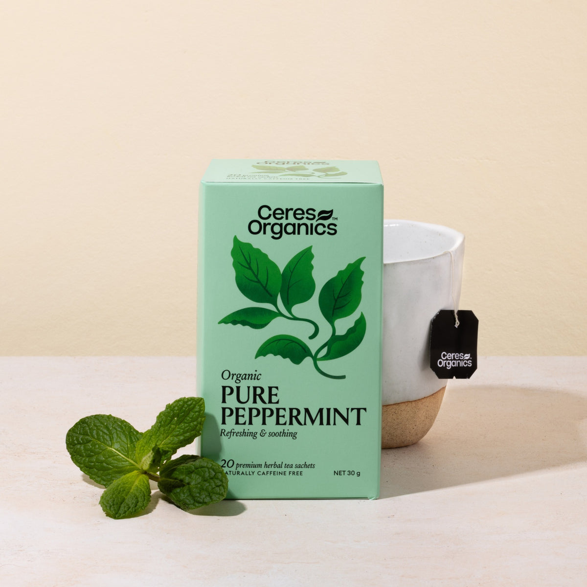 Ceres Organics Pure Peppermint Tea box with fresh mint