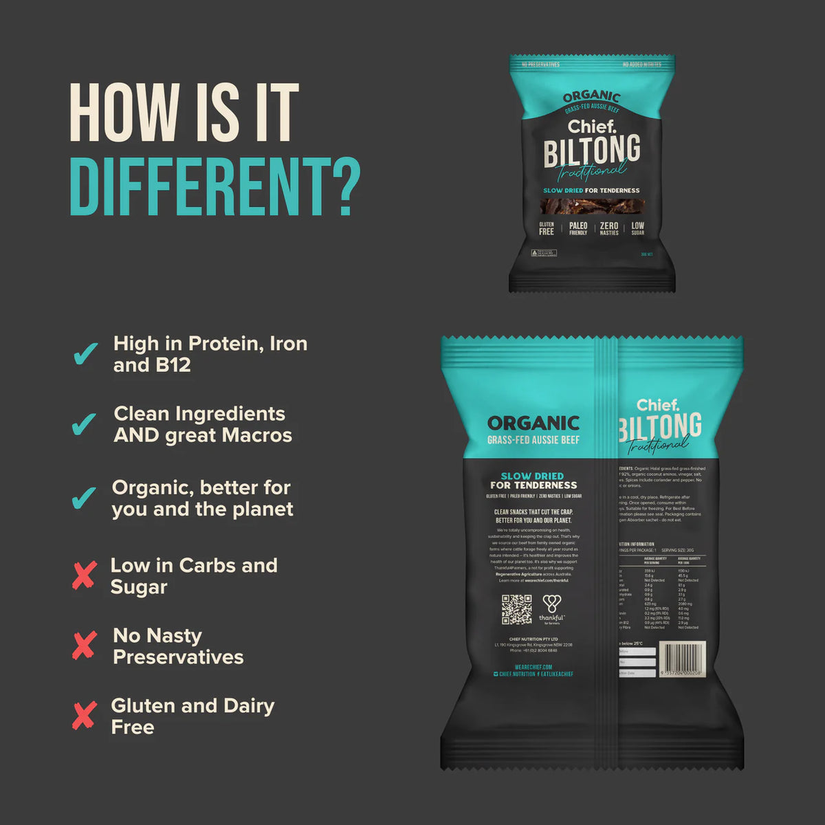 Chief is organic, high in protein, iron and B12 and has clean ingredients and great macros.