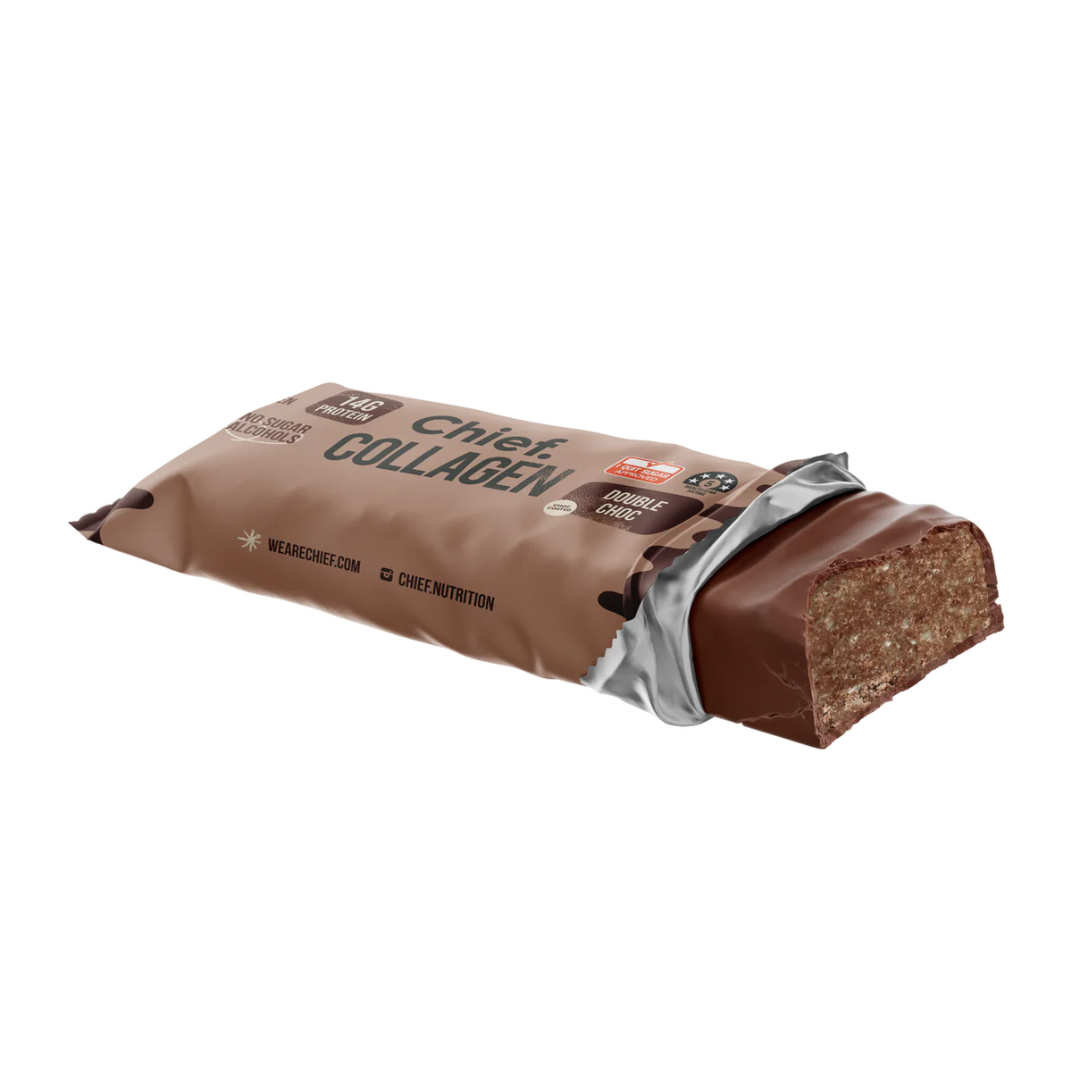 A bite photo to show the inside of the bar. Covered in chocolate and dense in the center